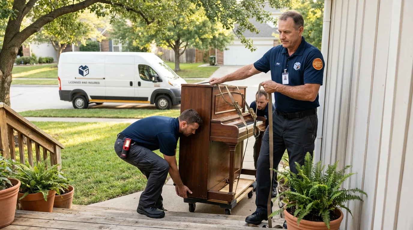 Licensed piano movers securing grand piano in Cascade Locks, OR