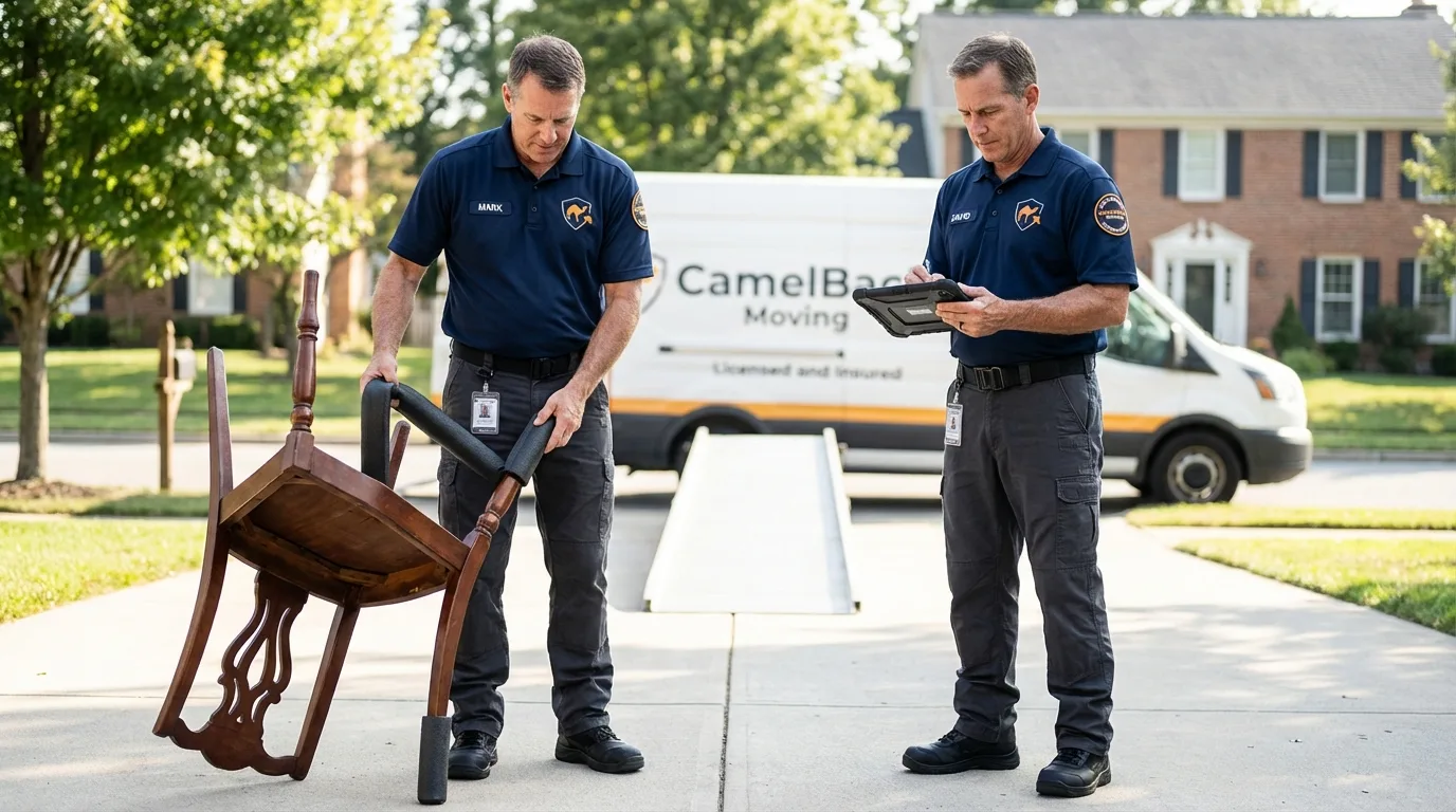 Movers inspecting furniture for damage prevention before loading in Cascade Locks, OR