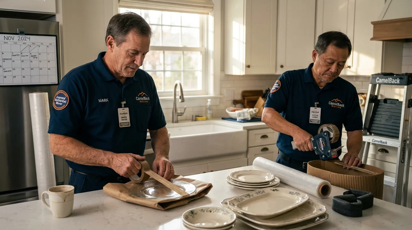 Professional crew packing kitchen dishware in Cascade Locks, OR